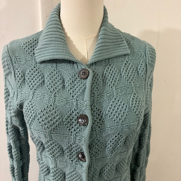 Bloomingdale’s 100% Wool Teal Sweater Long Cardigan Buttons Sz PS Chunky Knit - Picture 5 of 13